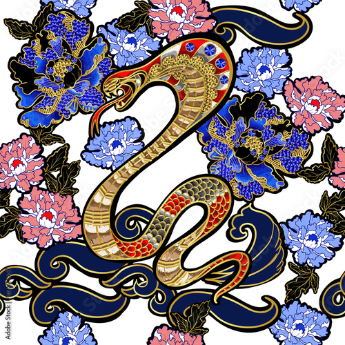 Design clothers with snake and peony patch embroidery with sequins.