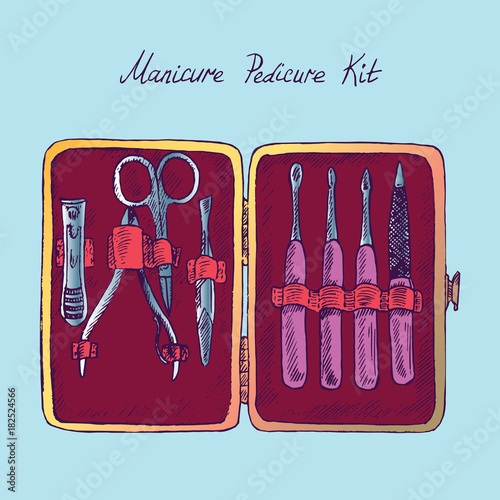 Basic nail tools, red classical manicure, pedicure kit, hand drawn doodle sketch with inscription, isolated vector color illustration