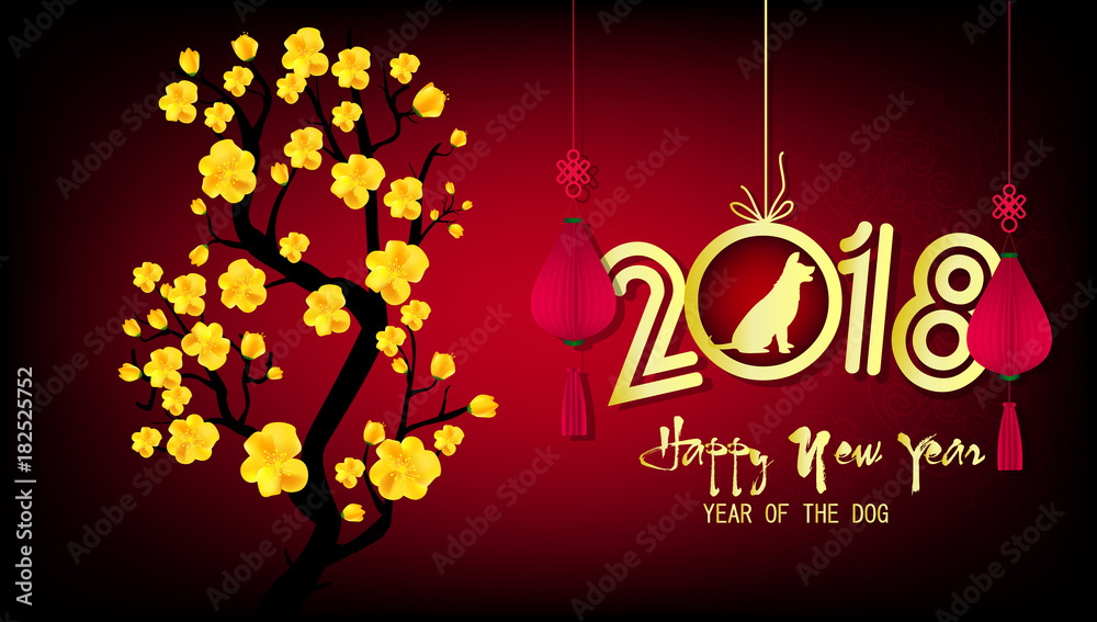 Naklejka premium Happy new year 2018 greeting card and chinese new year of the dog