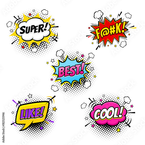 Comic speech bubbles and splashes set with different emotions and text Super, F@#k, Best, Like, Cool. Vector colorful dynamic cartoon illustrations on halftone isolated on white background.