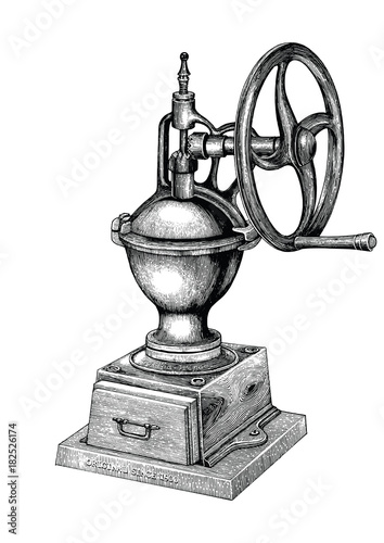 Vintage Manual Coffee Grinder hand drawing engraving style,Manual Coffee Grinder isolate on white background