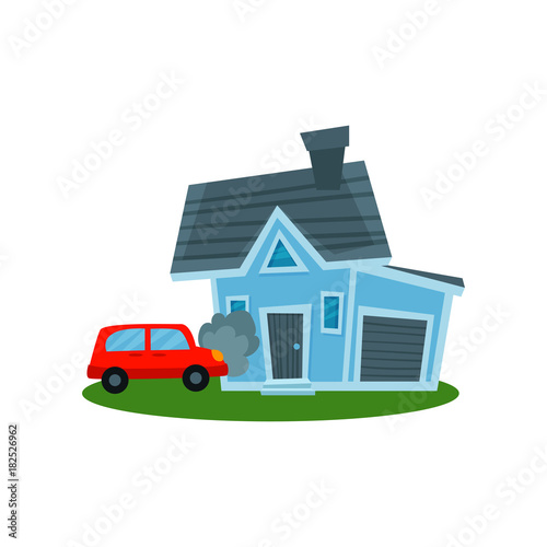 Auto crashing into wall of home, property insurance vector Illustration