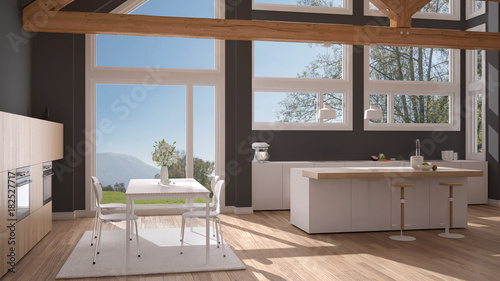 Modern kitchen in classic villa, loft, big panoramic windows on summer spring meadow, white and gray minimalist interior design