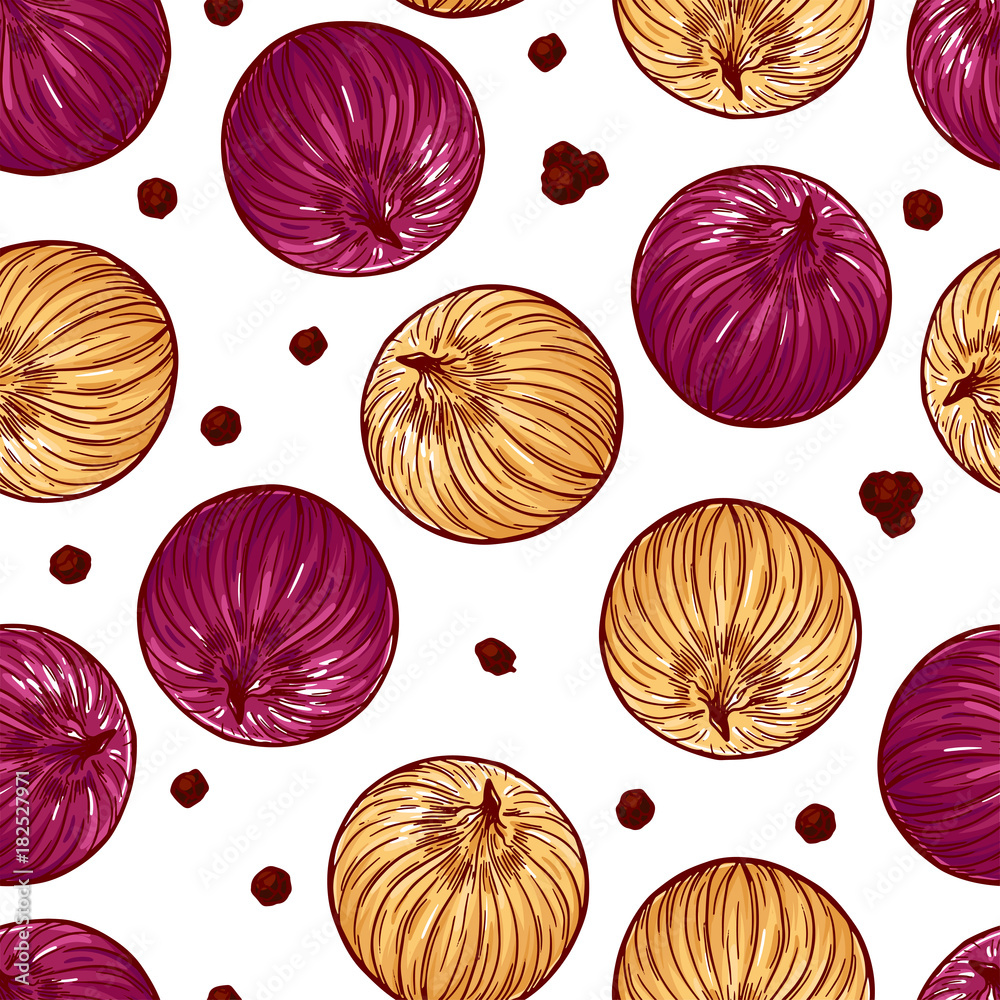 Pretty colorful seamless pattern made of hand drawn onion. Pretty colorful seamless pattern made of hand drawn onion.