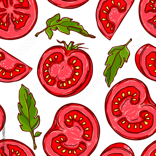 Pretty colorful seamless pattern made of hand drawn sliced tomato.