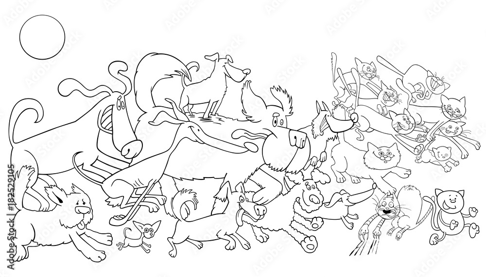 cartoon running dog and cats color book