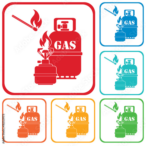 Camping stove with gas bottle icon vector