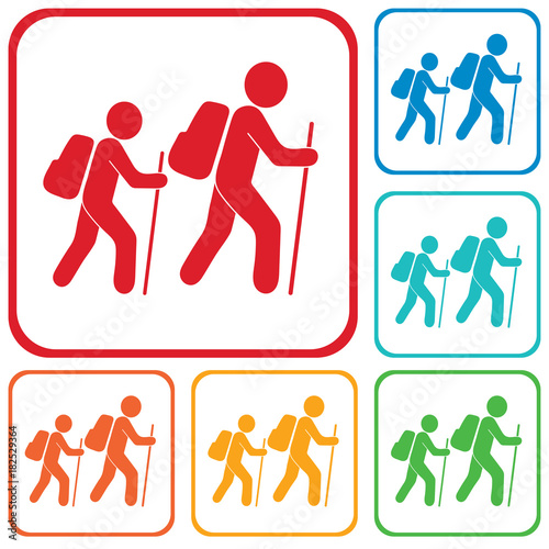 Hiking tourists with compass icon