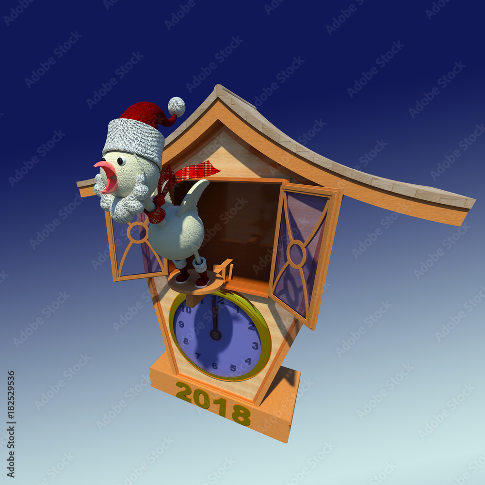 Christmas, New Year cuckoo clock 3D illustration on gradient blue sky