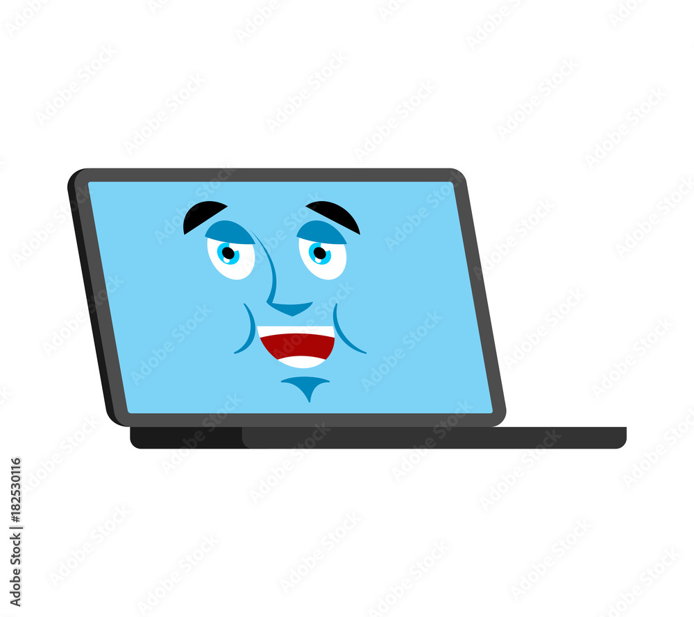 Laptop Happy emoji face avatar. Computer lucky emotions. PC cheerful. Vector illustration Laptop Happy emoji face avatar. Computer lucky emotions. PC cheerful. Vector illustration