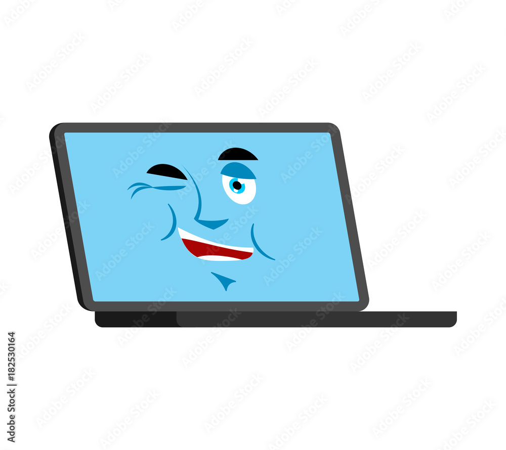 Laptop winks emoji face avatar. Computer lucky emotions. PC cheerful. Vector illustration Laptop winks emoji face avatar. Computer lucky emotions. PC cheerful. Vector illustration