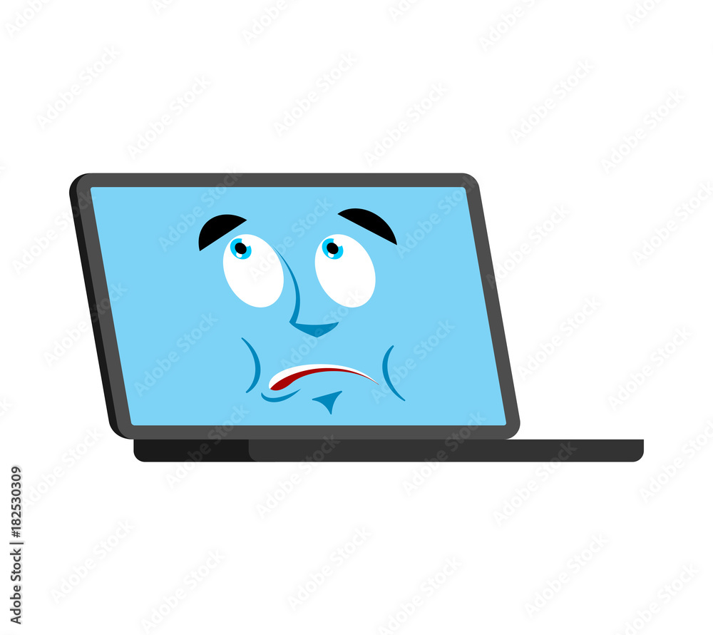 Laptop does not know confused emoji face avatar. Computer perplexed emotions. PC surprise. Vector illustration Laptop does not know confused emoji face avatar. Computer perplexed emotions. PC surprise. Vector illustration