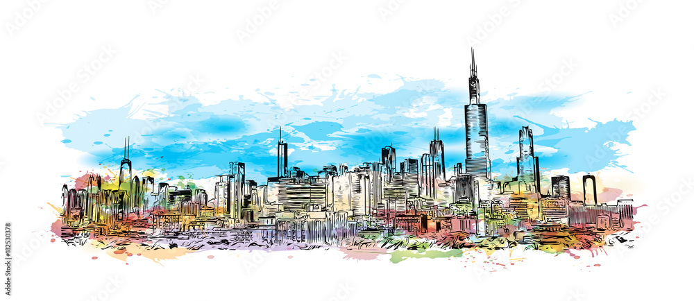 Naklejka premium Powitalny akwarela z ręcznie rysowane szkic Skyline Chicago, USA w ilustracji wektorowych.