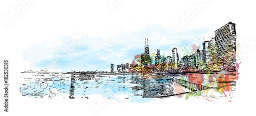 Watercolor splash with hand drawn sketch of Skyline Chicago, USA in vector illustration.