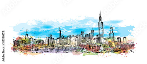 Watercolor splash with hand drawn sketch of Skyline Chicago, USA in vector illustration.