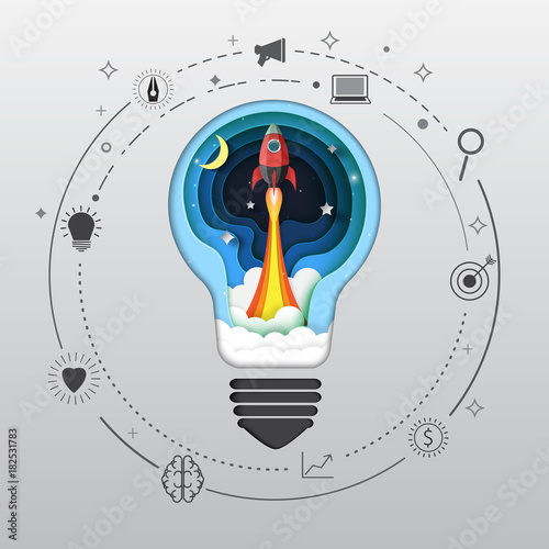 Rocket ship launch icon in light bulb paper art style design.Business startup concept.Vector illustration.