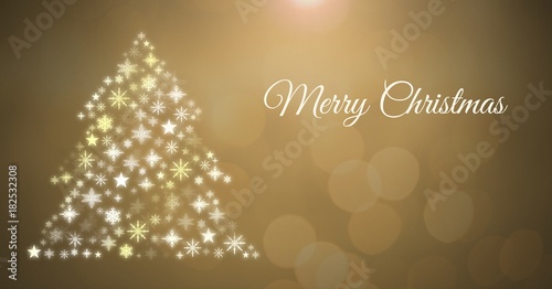 Merry Christmas text and Golden Snowflake Christmas tree pattern