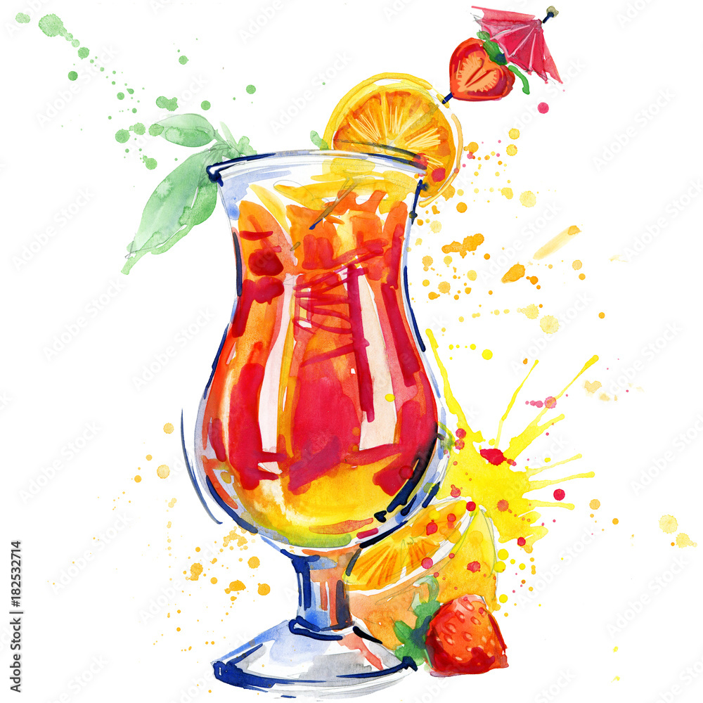 Naklejka Ręcznie rysowane akwarela ilustracja koktajl owoców