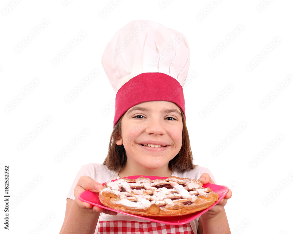 happy little girl cook with cherry pie dessert happy little girl cook with cherry pie dessert