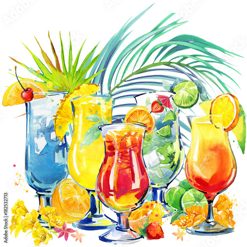 Naklejka Ręcznie rysowane akwarela ilustracja koktajl owoców