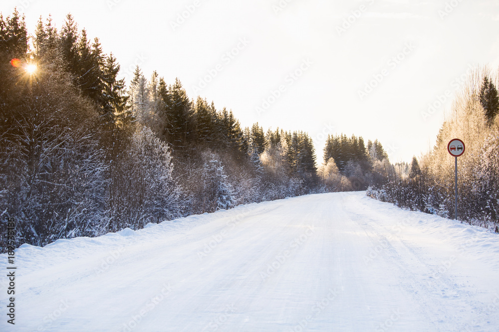 Winter road through the forest covered with snow