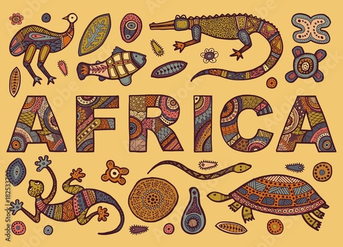The inscription of AFRICA in ethnic style and Sketches of African animals