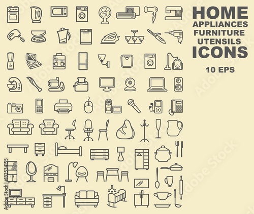 Linear icons of furniture, appliances and household items