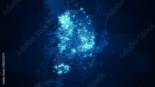 Looped animated South Korea map with visual effects and glowing lighting elements in different places at night  on the map. Perfect for slideshows, presentation, trailers, sci-fi openers and etc.