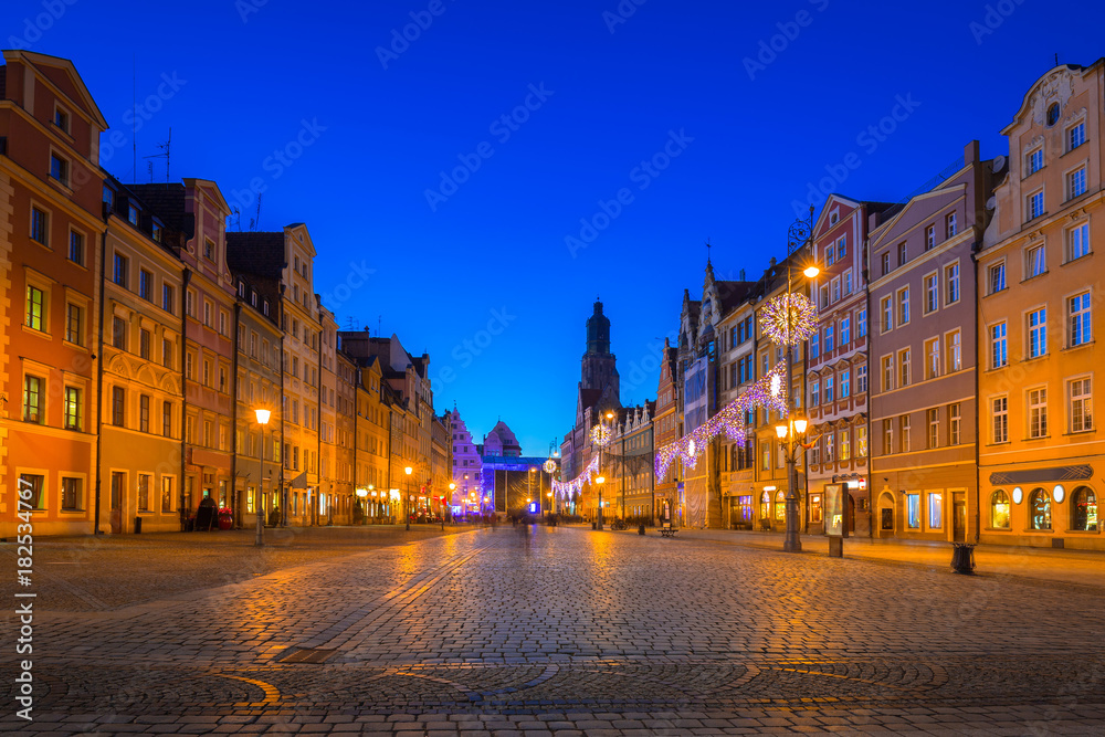 Market Squarel in Wroclaw at dusk, Poland.