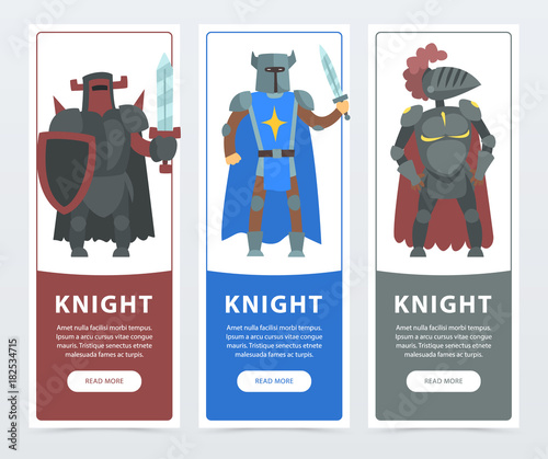 Flat vector illustration set of vertical banners with brave knights. Comic warrior characters wearing in armor with iron helmet and mantle
