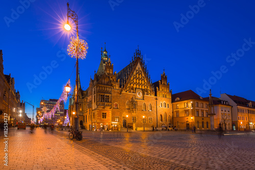 Market Square with old City Hall in Wroclaw at dusk, Poland.