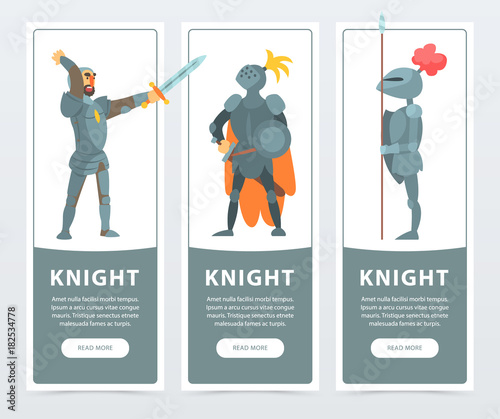 Flat vector set of vertical banners with medieval knights posing in full armor. Guardians of the kingdom