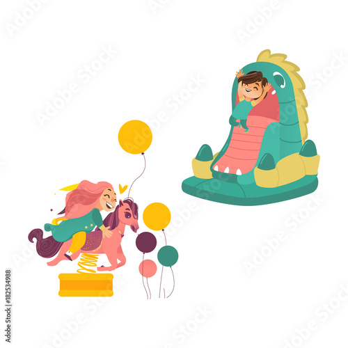 Happy kids, children, boy and girl having fun on playground jumping on dragon bouncer and riding a spring horse, cartoon vector illustration isolated on white background. Kids having fun