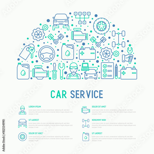 Car service concept in half circle with thin line icons of mechanic, computer diagnostics, tools, wheel, battery, transmission, jack. Modern vector illustration for banner, web page, print media.