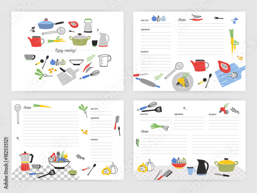 Collection of card templates for making notes about preparation of food. Blank recipe book or cookbook pages decorated with colorful kitchen utensils and cooking ingredients. Vector illustration.