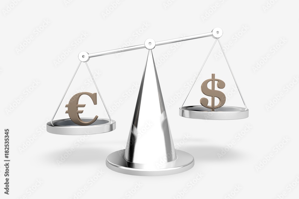 Scale with symbols of currencies euro and US dollar isolated on white background. 3D render Scale with symbols of currencies euro and US dollar isolated on white background. 3D render