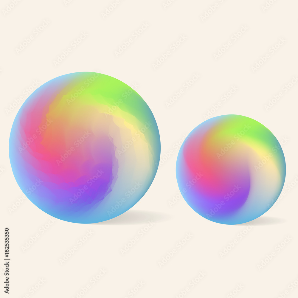 Two gradient swirl orbs with crystallize effect isolated on beige background