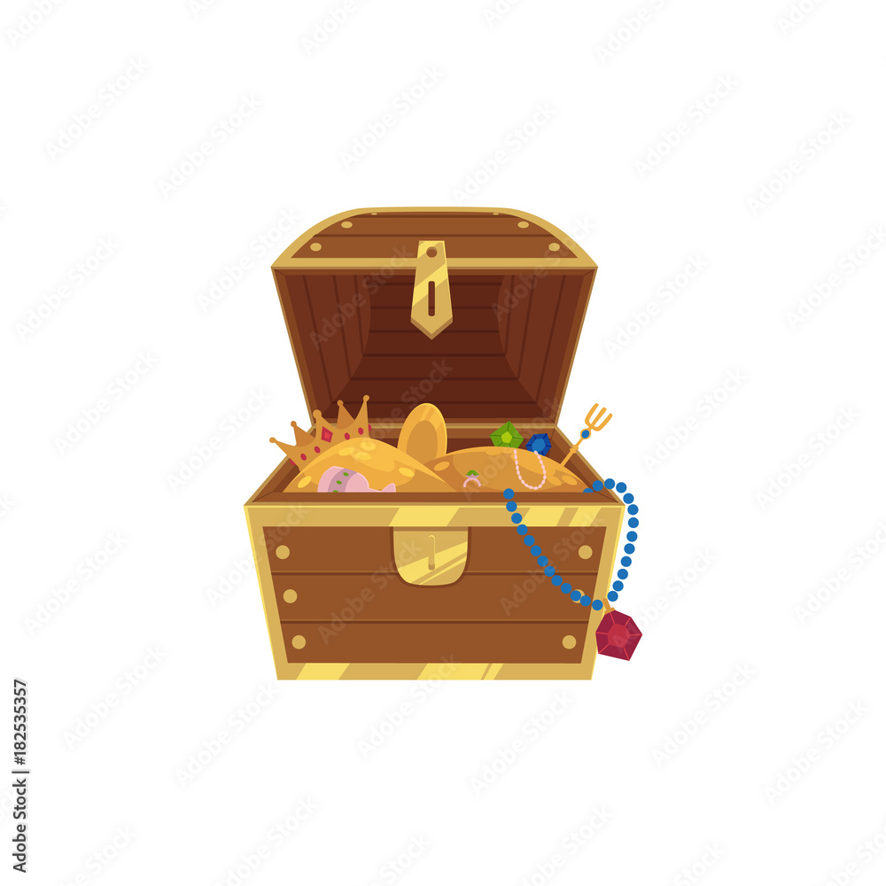 Φωτογραφία vector opened wooden treasure chest full of golden coins, gems jewelry