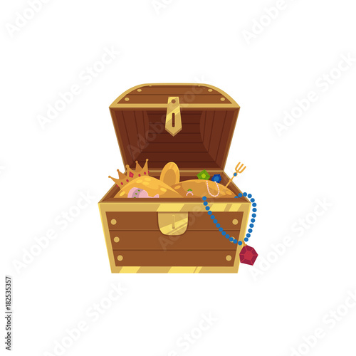 vector opened wooden treasure chest full of golden coins, gems jewelry. Isolated illustration on a white background. Flat cartoon symbol of adventure, pirates, risk profit and wealth.