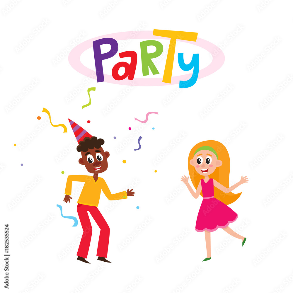 vector flat funny young african black man in party hat dancing near caucasian woman in pink dress with confetti around. Isolated illustration on a white background. vector flat funny young african black man in party hat dancing near caucasian woman in pink dress with confetti around. Isolated illustration on a white background.