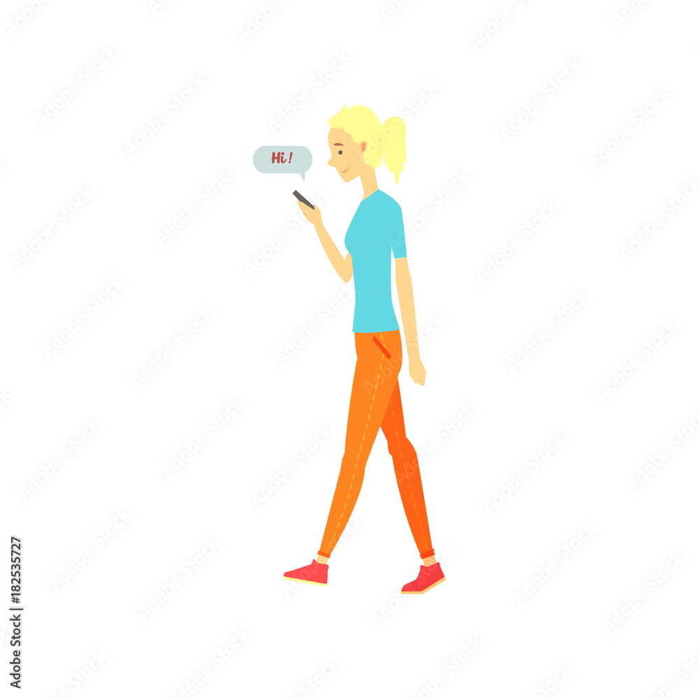 Fototapeta premium Smiling blonde woman character walking and typing text on her phone. Online dating service or website concept for promo. Vector illustration in flat style