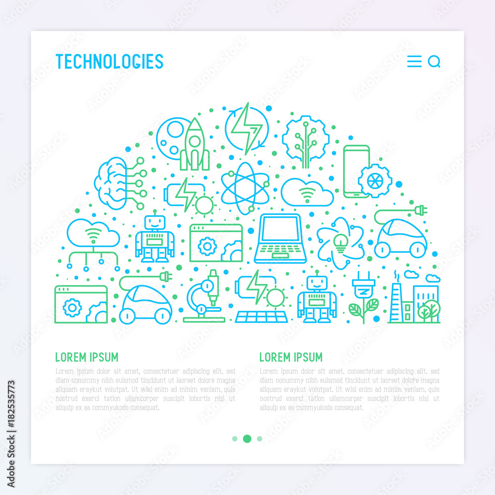 Technologies concept in half circle with thin line icons of: electric car, rocket, robotics, solar battery, machine intelligence, web development. Vector illustration.