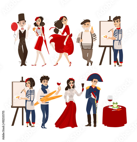 French characters, mimes, artists, Napoleon and Jane of Arc with cheese, baguette, wine as symbols of France, flat cartoon vector illustration isolated on white background. French people set