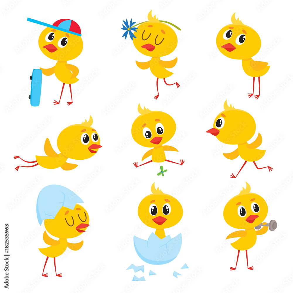 Cartoon set with cute baby chicken character running, flying, training, sitting in egg shell, vector illustration on white background. Cute Easter newborn baby chicken character doing various things