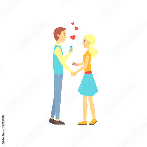 Young boy and girl found their love with dating mobile app. Online date service or website concept for promo. Vector illustration