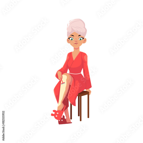 Pretty woman in bathrobe shaving her legs after shower, hair removal procedure, cartoon vector illustration isolated on white background. Woman shaving her legs with a razor after taking shower