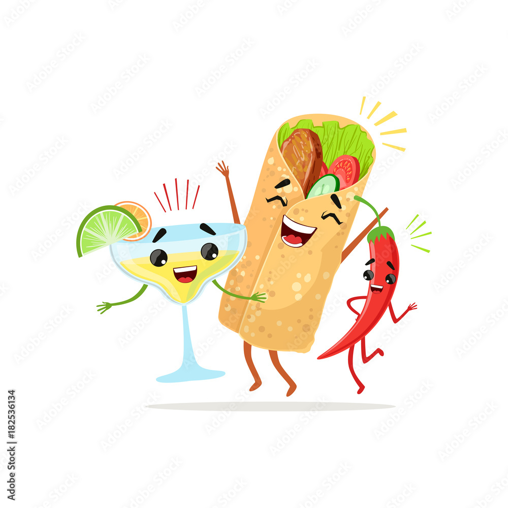Obraz Funny cartoon characters of red pepper, cocktail and burrito having fun together. Food and drink vector in flat design
