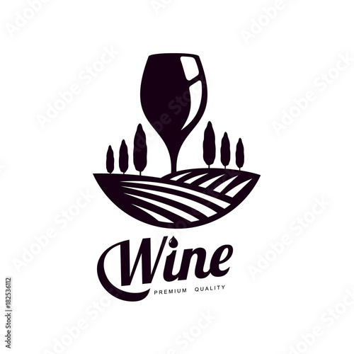 Glass of wine on background of field of vineyard with trees. Elegant Company logo, brand icon design. Isolated illustration on a white background.