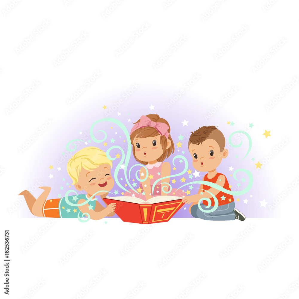 Group of little kids, boys and girl reading magic book of fairy tales.  Cartoon children characters with fabulous imagination. Isolated flat vector  Stock Vector | Adobe Stock