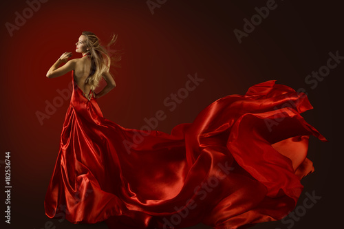 Fashion Model Dance in Red Dress, Dancing Beautiful Woman, Flying Fluttering Fabric, Happy Girl Rear Back View